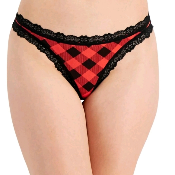 Jenni Intimates Lace Trim Panties Red and Black Buffalo Check Plaid Thong, XXL - Picture 1 of 10